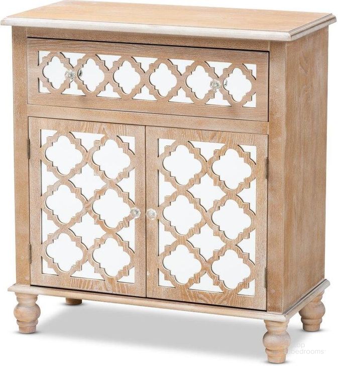 The appearance of Leah Glam Farmhouse Rustic Oak Brown Finished Wood and Mirrored 1-Drawer Quatrefoil Storage Cabinet designed by Baxton Studio in the rustic / southwestern interior design. This white piece of furniture  was selected by 1StopBedrooms from Leah Collection to add a touch of cosiness and style into your home. Sku: JY17A041-Natural Brown/Silver-Cabinet. Product Type: Storage Cabinet. Material: MDF. Image1