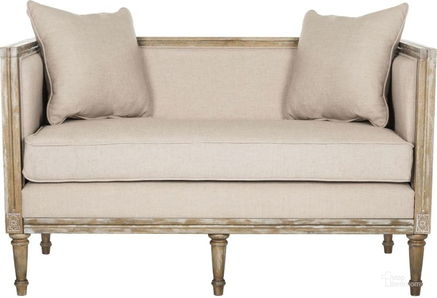 The appearance of Leandra Taupe and Rustic Oak Linen French Country Settee designed by Safavieh in the country / farmhouse interior design. This taupe piece of furniture  was selected by 1StopBedrooms from Leandra Collection to add a touch of cosiness and style into your home. Sku: FOX6237B. Material: Wood. Product Type: Loveseat. Image1