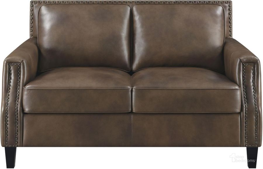The appearance of Leaton Brown Sugar Leather Loveseat designed by Coaster in the modern / contemporary interior design. This brown piece of furniture  was selected by 1StopBedrooms from Leaton Collection to add a touch of cosiness and style into your home. Sku: 509442. Product Type: Loveseat. Material: Rubberwood. Image1