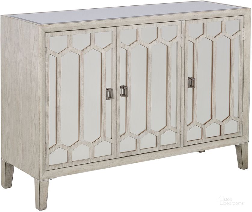 The appearance of Ledger Aged White Three Door Credenza With Glass Inlay designed by Coast to Coast in the traditional interior design. This white piece of furniture  was selected by 1StopBedrooms from Ledger Collection to add a touch of cosiness and style into your home. Sku: 90332. Product Type: Credenza. Material: MDF. Image1