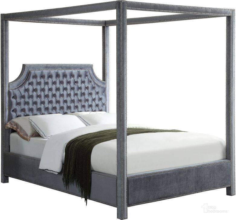 The appearance of Lefteris Grey Velvet King Canopy Bed designed by Furnique in the modern / contemporary interior design. This grey velvet piece of furniture  was selected by 1StopBedrooms from Lefteris Collection to add a touch of cosiness and style into your home. Sku: RowanGrey-K-1;RowanGrey-K-2;RowanGrey-K-3. Product Type: Bed. Bed Size: King. Material: Velvet. Image1