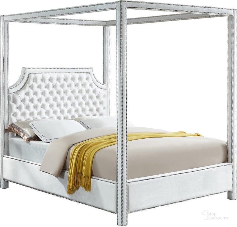 The appearance of Lefteris White Velvet Queen Canopy Bed designed by Furnique in the modern / contemporary interior design. This white piece of furniture  was selected by 1StopBedrooms from Lefteris Collection to add a touch of cosiness and style into your home. Sku: RowanWhite-Q-1;RowanWhite-Q-2;RowanWhite-Q-3. Product Type: Bed. Bed Size: Queen. Material: Velvet. Image1