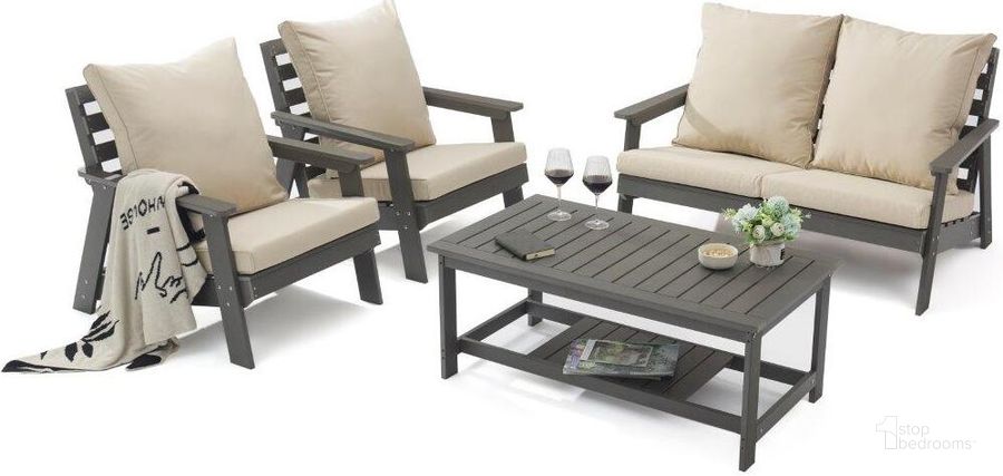 The appearance of LeisureMod Alpine Poly Lumber 4-Piece Weather Resistant Patio Conversation Set In Beige designed by LeisureMod in the modern / contemporary interior design. This beige piece of furniture  was selected by 1StopBedrooms from Alpine Collection to add a touch of cosiness and style into your home. Sku: ALCTGR-54BG. Material: Polyester. Product Type: Outdoor Conversation Set. Image1