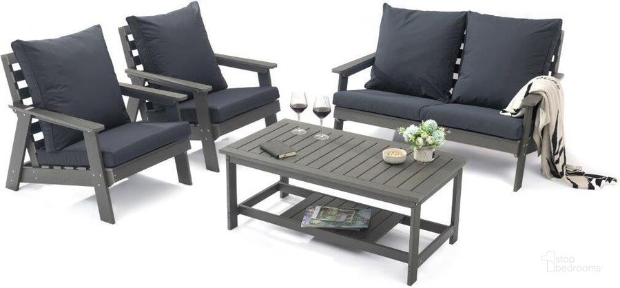 The appearance of LeisureMod Alpine Poly Lumber 4-Piece Weather Resistant Patio Conversation Set In Charcoal designed by LeisureMod in the modern / contemporary interior design. This charcoal piece of furniture  was selected by 1StopBedrooms from Alpine Collection to add a touch of cosiness and style into your home. Sku: ALCTGR-54CH. Material: Polyester. Product Type: Outdoor Conversation Set. Image1