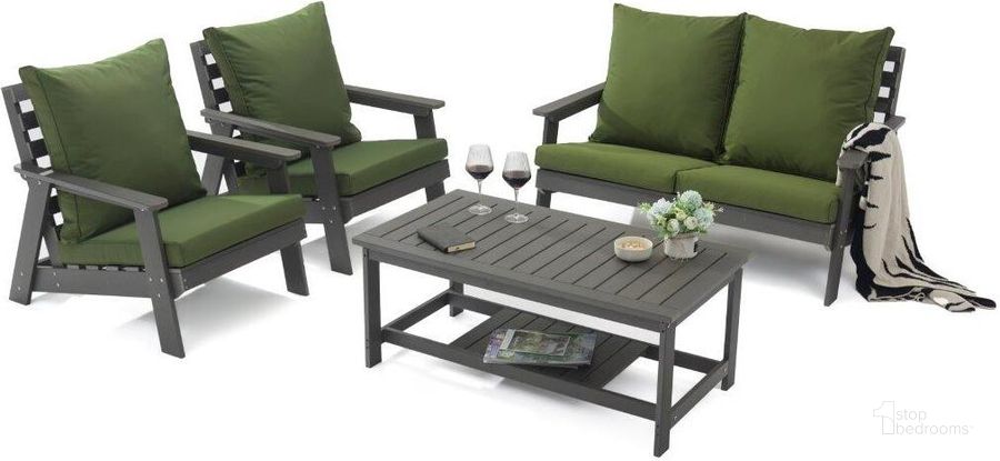 The appearance of LeisureMod Alpine Poly Lumber 4-Piece Weather Resistant Patio Conversation Set In Dark Green designed by LeisureMod in the modern / contemporary interior design. This dark green piece of furniture  was selected by 1StopBedrooms from Alpine Collection to add a touch of cosiness and style into your home. Sku: ALCTGR-54DG. Material: Polyester. Product Type: Outdoor Conversation Set. Image1