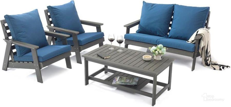 The appearance of LeisureMod Alpine Poly Lumber 4-Piece Weather Resistant Patio Conversation Set In Navy Blue designed by LeisureMod in the modern / contemporary interior design. This navy blue piece of furniture  was selected by 1StopBedrooms from Alpine Collection to add a touch of cosiness and style into your home. Sku: ALCTGR-54NBU. Material: Polyester. Product Type: Outdoor Conversation Set. Image1
