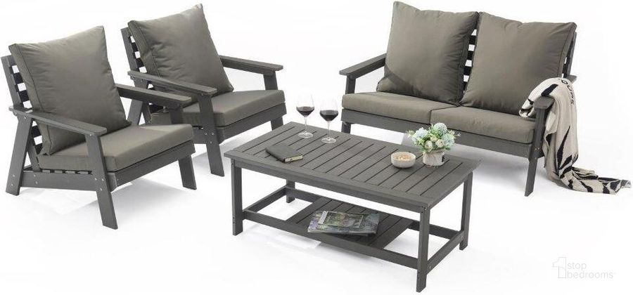 The appearance of LeisureMod Alpine Poly Lumber 4-Piece Weather Resistant Patio Conversation Set In Taupe designed by LeisureMod in the modern / contemporary interior design. This taupe piece of furniture  was selected by 1StopBedrooms from Alpine Collection to add a touch of cosiness and style into your home. Sku: ALCTGR-54TP. Material: Polyester. Product Type: Outdoor Conversation Set. Image1