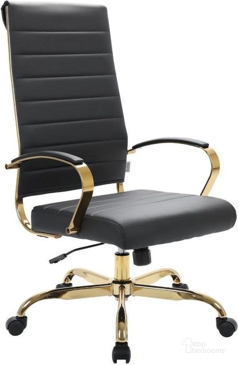 The appearance of Leisuremod Benmar High-Back Leather Office Chair With Gold Frame BOTG19BLL designed by LeisureMod in the modern / contemporary interior design. This black piece of furniture  was selected by 1StopBedrooms from Benmar Collection to add a touch of cosiness and style into your home. Sku: BOTG19BLL. Material: Leather. Product Type: Office Chair. Image1
