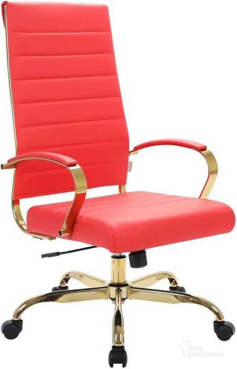 The appearance of Leisuremod Benmar High-Back Leather Office Chair With Gold Frame BOTG19RL designed by LeisureMod in the modern / contemporary interior design. This red piece of furniture  was selected by 1StopBedrooms from Benmar Collection to add a touch of cosiness and style into your home. Sku: BOTG19RL. Material: Leather. Product Type: Office Chair. Image1