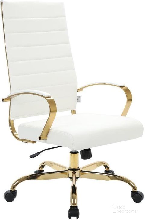 The appearance of Leisuremod Benmar High-Back Leather Office Chair With Gold Frame BOTG19WL designed by LeisureMod in the modern / contemporary interior design. This white piece of furniture  was selected by 1StopBedrooms from Benmar Collection to add a touch of cosiness and style into your home. Sku: BOTG19WL. Material: Leather. Product Type: Office Chair. Image1