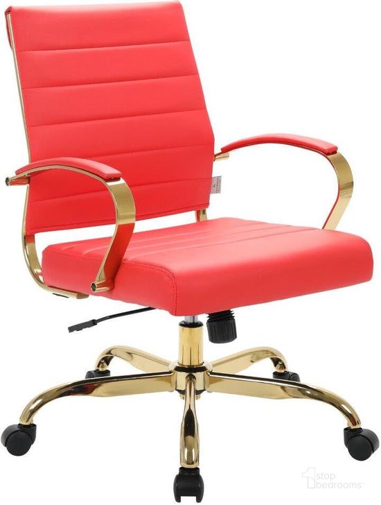 The appearance of Leisuremod Benmar Home Leather Office Chair With Gold Frame BOG19RL designed by LeisureMod in the modern / contemporary interior design. This red piece of furniture  was selected by 1StopBedrooms from Benmar Collection to add a touch of cosiness and style into your home. Sku: BOG19RL. Material: Leather. Product Type: Office Chair. Image1