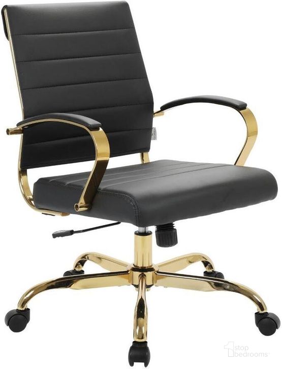 The appearance of Leisuremod Benmar Leather Office Chair With Gold Frame designed by LeisureMod in the modern / contemporary interior design. This black piece of furniture  was selected by 1StopBedrooms from Benmar Collection to add a touch of cosiness and style into your home. Sku: BOG19BLL. Material: Leather. Product Type: Office Chair. Image1