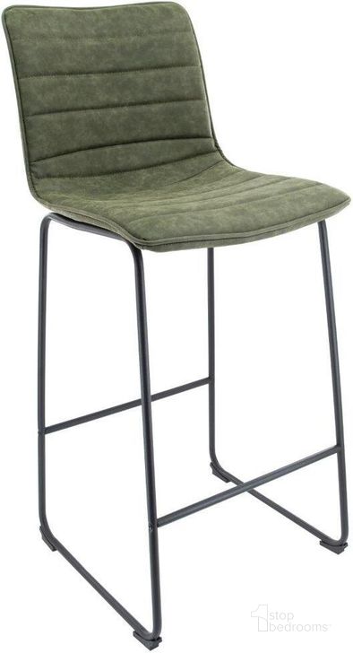 The appearance of Leisuremod Brooklyn 29.9 Inch Modern Leather Olive Green Bar Stool With Black Iron Base And Footrest designed by LeisureMod in the modern / contemporary interior design. This olive green piece of furniture  was selected by 1StopBedrooms from Brooklyn Collection to add a touch of cosiness and style into your home. Sku: BS29G. Material: Faux Leather. Product Type: Barstool. Image1