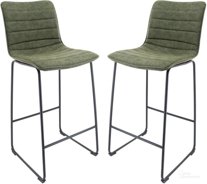 The appearance of Leisuremod Brooklyn 29.9 Inch Modern Olive Green Leather Bar Stool Set Of 2 With Black Iron Base And Footrest designed by LeisureMod in the modern / contemporary interior design. This olive green piece of furniture  was selected by 1StopBedrooms from Brooklyn Collection to add a touch of cosiness and style into your home. Sku: BS29G2. Product Type: Barstool. Material: Iron. Image1