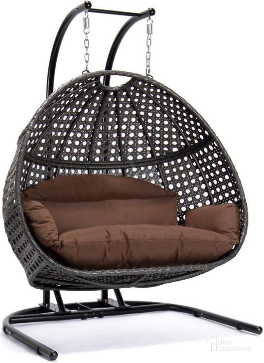 The appearance of LeisureMod Brown Wicker Hanging Double Egg Swing Chair designed by LeisureMod in the modern / contemporary interior design. This dark brown piece of furniture  was selected by 1StopBedrooms from  to add a touch of cosiness and style into your home. Sku: EKDCH-57DBR. Product Type: Outdoor Chair. Material: Wicker. Image1