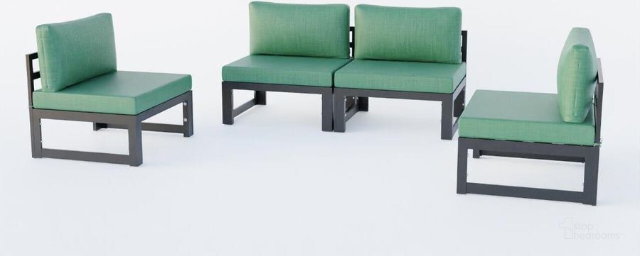 The appearance of LeisureMod Chelsea 4-Piece Middle Patio Chairs Black Aluminum With Cushions In Green designed by LeisureMod in the modern / contemporary interior design. This green piece of furniture  was selected by 1StopBedrooms from Chelsea Collection to add a touch of cosiness and style into your home. Sku: CSBL-4G. Material: Aluminum. Product Type: Outdoor Conversation Set. Image1
