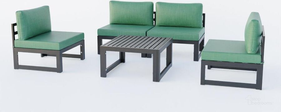 The appearance of LeisureMod Chelsea 5-Piece Middle Patio Chairs and Coffee Table Set Black Aluminum With Cushions In Green designed by LeisureMod in the modern / contemporary interior design. This green piece of furniture  was selected by 1StopBedrooms from Chelsea Collection to add a touch of cosiness and style into your home. Sku: CSTBL-4G. Material: Aluminum. Product Type: Outdoor Conversation Set. Image1