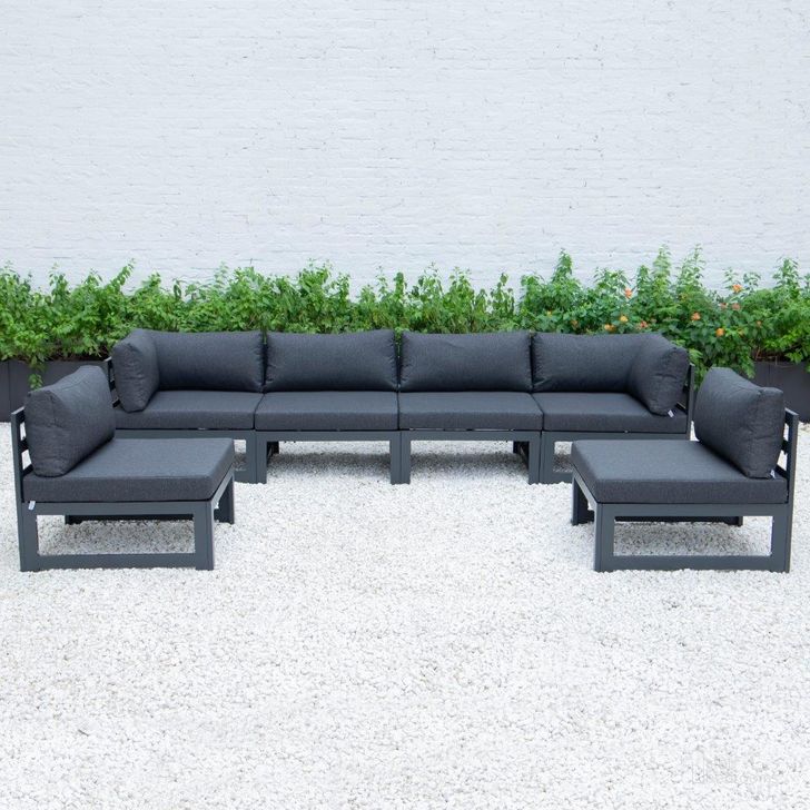 The appearance of Leisuremod Chelsea 6-Piece Patio Sectional With Cushions CSBL-6BL designed by LeisureMod in the modern / contemporary interior design. This black piece of furniture  was selected by 1StopBedrooms from Chelsea Collection to add a touch of cosiness and style into your home. Sku: CSBL-6BL. Material: Aluminum. Product Type: Outdoor Sectional. Image1