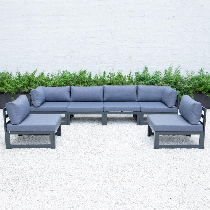 The appearance of Leisuremod Chelsea 6-Piece Patio Sectional With Cushions CSBL-6LBU designed by LeisureMod in the modern / contemporary interior design. This blue piece of furniture  was selected by 1StopBedrooms from Chelsea Collection to add a touch of cosiness and style into your home. Sku: CSBL-6LBU. Material: Aluminum. Product Type: Outdoor Sectional. Image1
