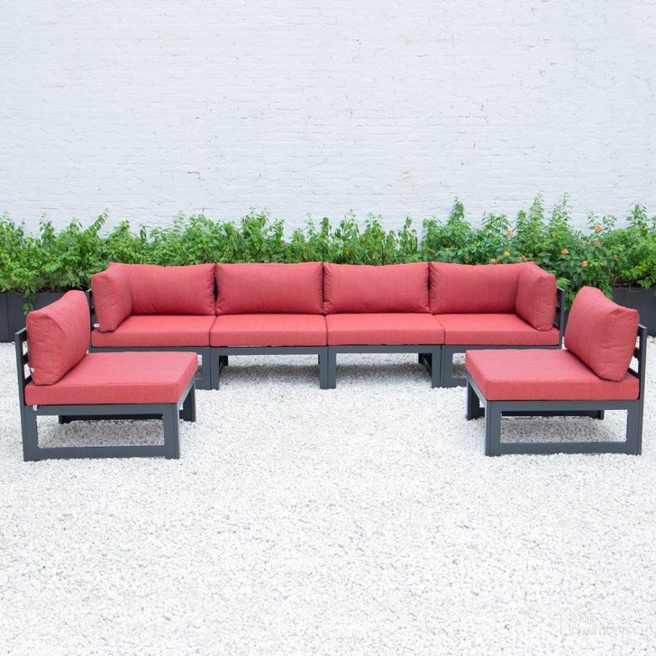 The appearance of Leisuremod Chelsea 6-Piece Patio Sectional With Cushions CSBL-6R designed by LeisureMod in the modern / contemporary interior design. This red piece of furniture  was selected by 1StopBedrooms from Chelsea Collection to add a touch of cosiness and style into your home. Sku: CSBL-6R. Material: Aluminum. Product Type: Outdoor Sectional. Image1