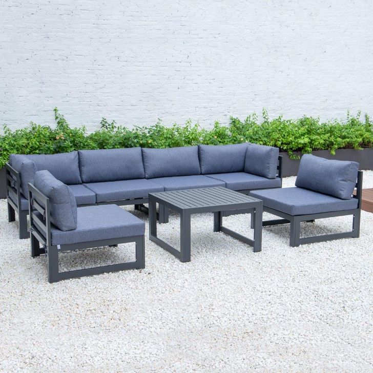 The appearance of Leisuremod Chelsea 7-Piece Patio Sectional And Coffee Table Set With Cushions CSTBL-7BU designed by LeisureMod in the modern / contemporary interior design. This blue piece of furniture  was selected by 1StopBedrooms from Chelsea Collection to add a touch of cosiness and style into your home. Sku: CSTBL-7BU. Material: Aluminum. Product Type: Outdoor Sectional. Image1