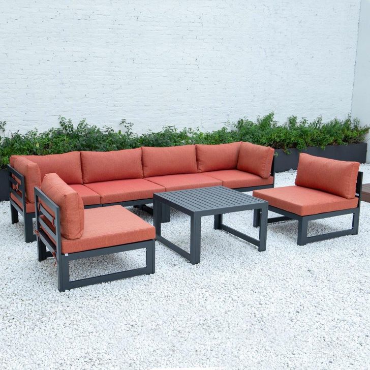 The appearance of Leisuremod Chelsea 7-Piece Patio Sectional And Coffee Table Set With Cushions CSTBL-7OR designed by LeisureMod in the modern / contemporary interior design. This orange piece of furniture  was selected by 1StopBedrooms from Chelsea Collection to add a touch of cosiness and style into your home. Sku: CSTBL-7OR. Material: Aluminum. Product Type: Outdoor Sectional. Image1