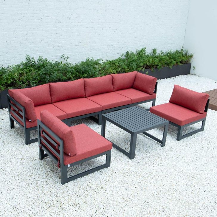 The appearance of Leisuremod Chelsea 7-Piece Patio Sectional And Coffee Table Set With Cushions CSTBL-7R designed by LeisureMod in the modern / contemporary interior design. This red piece of furniture  was selected by 1StopBedrooms from Chelsea Collection to add a touch of cosiness and style into your home. Sku: CSTBL-7R. Material: Aluminum. Product Type: Outdoor Sectional. Image1