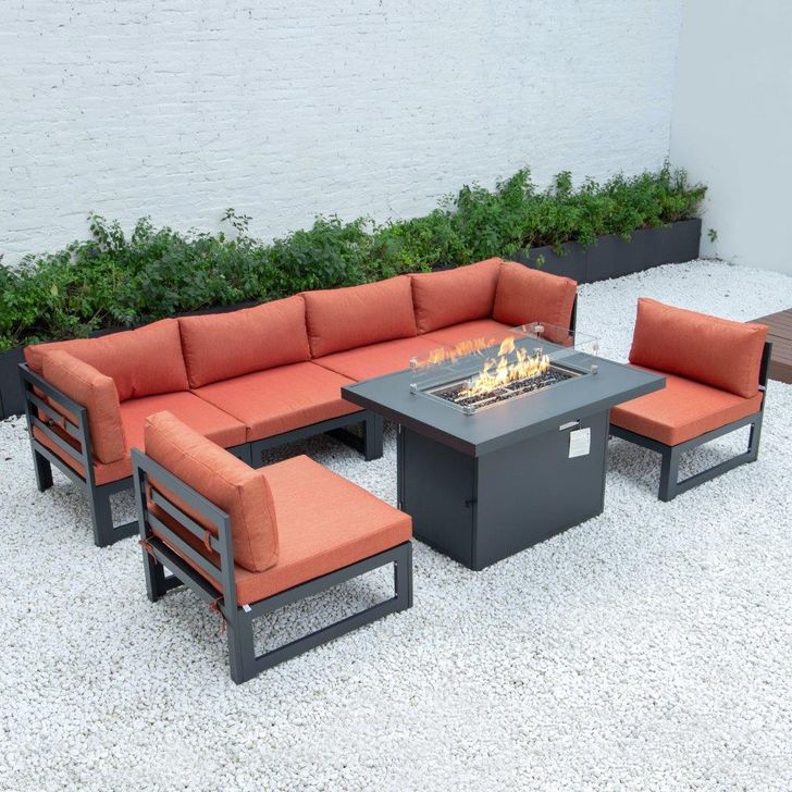 The appearance of Leisuremod Chelsea 7-Piece Patio Sectional And Fire Pit Table CSFBL-7OR designed by LeisureMod in the modern / contemporary interior design. This orange piece of furniture  was selected by 1StopBedrooms from Chelsea Collection to add a touch of cosiness and style into your home. Sku: CSFBL-7OR. Material: Aluminum. Product Type: Outdoor Sectional. Image1