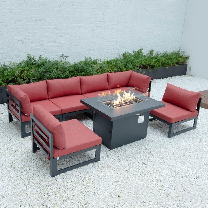 The appearance of Leisuremod Chelsea 7-Piece Patio Sectional And Fire Pit Table CSFBL-7R designed by LeisureMod in the modern / contemporary interior design. This red piece of furniture  was selected by 1StopBedrooms from Chelsea Collection to add a touch of cosiness and style into your home. Sku: CSFBL-7R. Material: Aluminum. Product Type: Outdoor Sectional. Image1