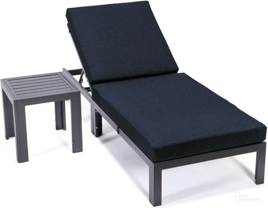 The appearance of Leisuremod Chelsea Modern Aluminum Outdoor Chaise Lounge Chair With Side Table And Cushions In Black designed by LeisureMod in the modern / contemporary interior design. This black piece of furniture  was selected by 1StopBedrooms from Chelsea Collection to add a touch of cosiness and style into your home. Sku: CLTBL-77BL. Material: Aluminum. Product Type: Outdoor Chair. Image1