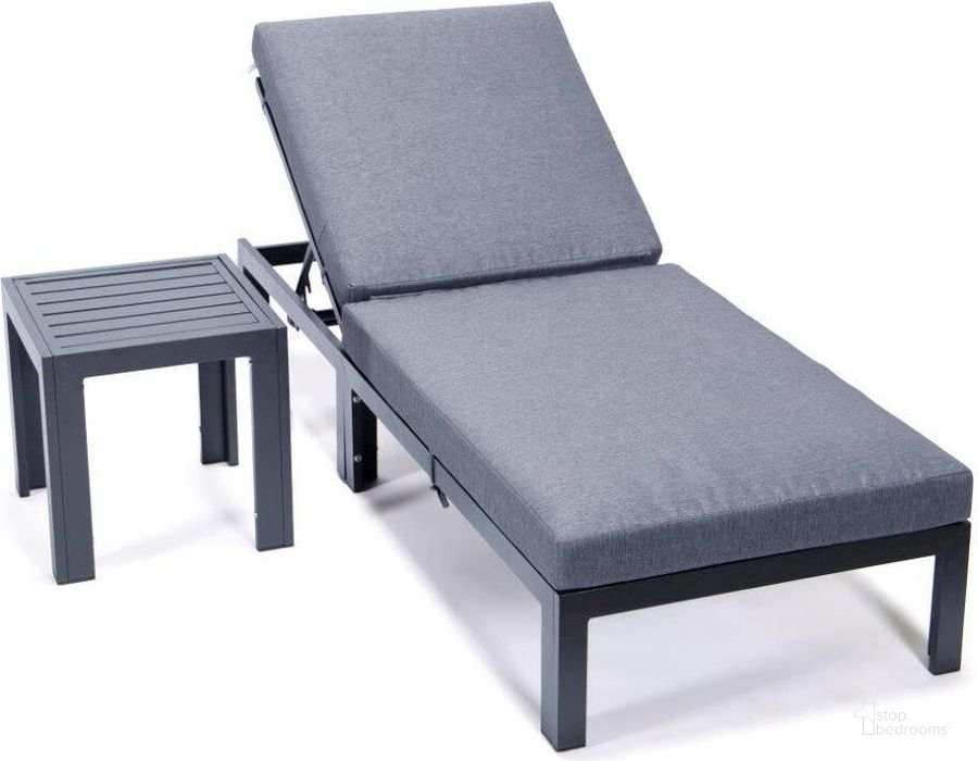 The appearance of Leisuremod Chelsea Modern Aluminum Outdoor Chaise Lounge Chair With Side Table And Cushions In Blue designed by LeisureMod in the modern / contemporary interior design. This blue piece of furniture  was selected by 1StopBedrooms from Chelsea Collection to add a touch of cosiness and style into your home. Sku: CLTBL-77BU. Material: Aluminum. Product Type: Outdoor Chair. Image1
