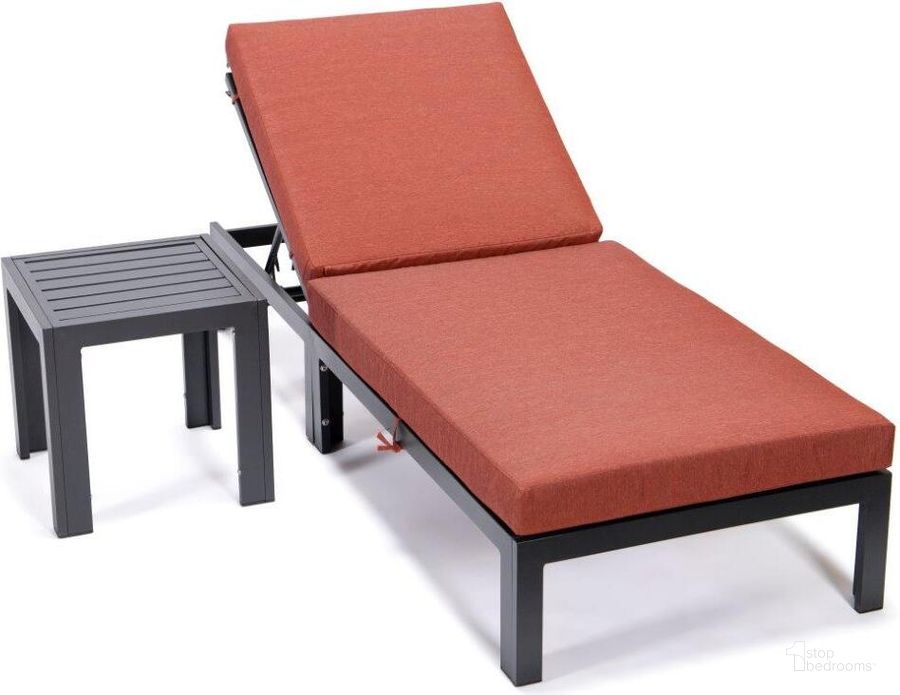 The appearance of Leisuremod Chelsea Modern Aluminum Outdoor Chaise Lounge Chair With Side Table And Cushions In Orange designed by LeisureMod in the modern / contemporary interior design. This orange piece of furniture  was selected by 1StopBedrooms from Chelsea Collection to add a touch of cosiness and style into your home. Sku: CLTBL-77OR. Material: Aluminum. Product Type: Outdoor Chair. Image1