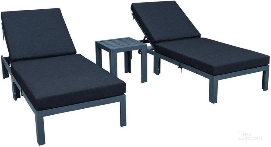 The appearance of LeisureMod Chelsea Modern Outdoor Chaise Lounge Chair With Side Table and Cushions In Black Set of 2 designed by LeisureMod in the modern / contemporary interior design. This black piece of furniture  was selected by 1StopBedrooms from Chelsea Collection to add a touch of cosiness and style into your home. Sku: CLTBL-77BL2. Material: Aluminum. Product Type: Outdoor Chaise Lounge. Image1