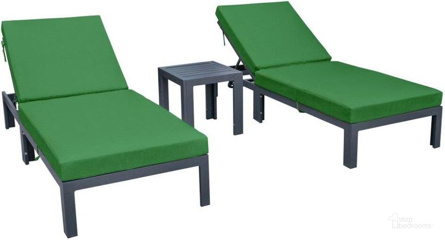 The appearance of LeisureMod Chelsea Modern Outdoor Chaise Lounge Chair With Side Table and Cushions In Green Set of 2 designed by LeisureMod in the modern / contemporary interior design. This green piece of furniture  was selected by 1StopBedrooms from Chelsea Collection to add a touch of cosiness and style into your home. Sku: CLTBL-77G2. Material: Aluminum. Product Type: Outdoor Chaise Lounge. Image1