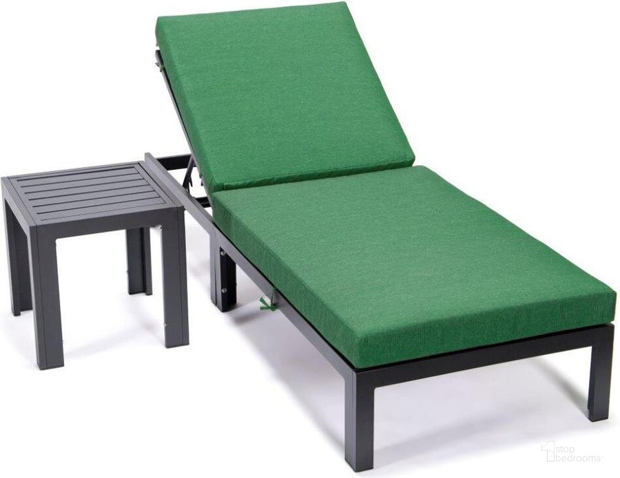 The appearance of LeisureMod Chelsea Modern Outdoor Chaise Lounge Chair With Side Table and Cushions In Green designed by LeisureMod in the modern / contemporary interior design. This green piece of furniture  was selected by 1StopBedrooms from Chelsea Collection to add a touch of cosiness and style into your home. Sku: CLTBL-77G. Material: Aluminum. Product Type: Outdoor Chaise Lounge. Image1