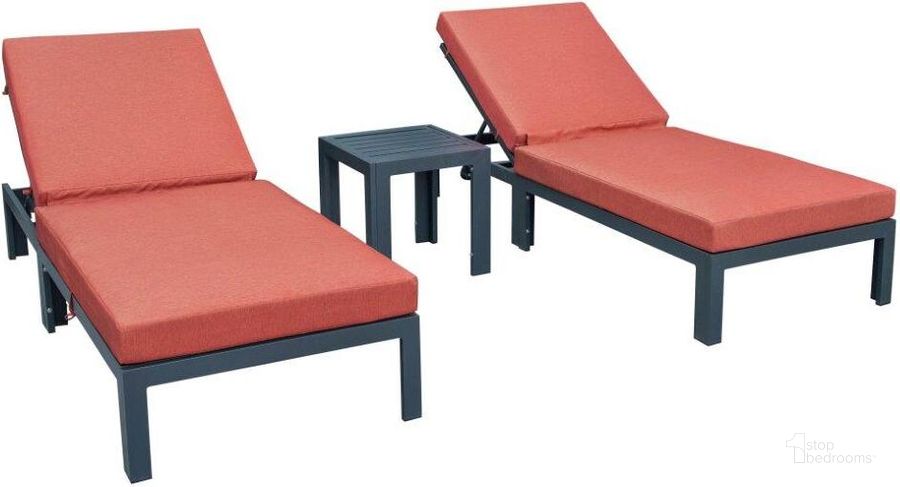 The appearance of LeisureMod Chelsea Modern Outdoor Chaise Lounge Chair With Side Table and Cushions In Orange Set of 2 designed by LeisureMod in the modern / contemporary interior design. This orange piece of furniture  was selected by 1StopBedrooms from Chelsea Collection to add a touch of cosiness and style into your home. Sku: CLTBL-77OR2. Material: Aluminum. Product Type: Outdoor Chaise Lounge. Image1