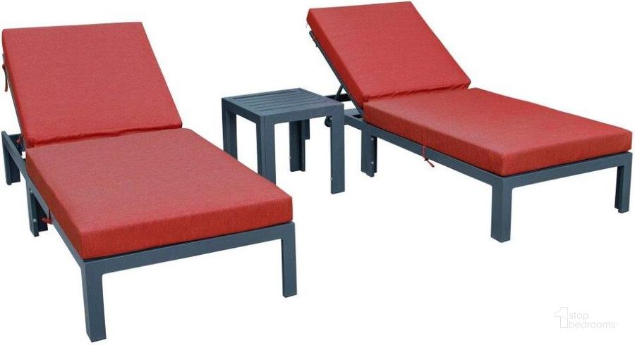 The appearance of LeisureMod Chelsea Modern Outdoor Chaise Lounge Chair With Side Table and Cushions In Red Set of 2 designed by LeisureMod in the modern / contemporary interior design. This red piece of furniture  was selected by 1StopBedrooms from Chelsea Collection to add a touch of cosiness and style into your home. Sku: CLTBL-77R2. Material: Aluminum. Product Type: Outdoor Chaise Lounge. Image1