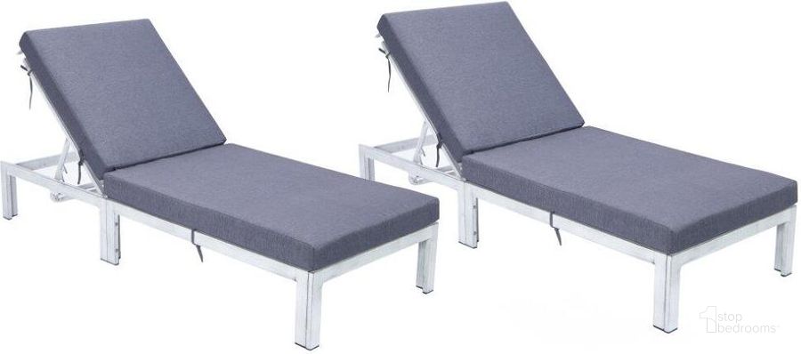 The appearance of LeisureMod Chelsea Modern Outdoor Weathered Grey Chaise Lounge Chair With Cushions In Blue Set of 2 designed by LeisureMod in the modern / contemporary interior design. This blue piece of furniture  was selected by 1StopBedrooms from Chelsea Collection to add a touch of cosiness and style into your home. Sku: CLWGR-77BU2. Material: Aluminum. Product Type: Outdoor Chaise Lounge. Image1