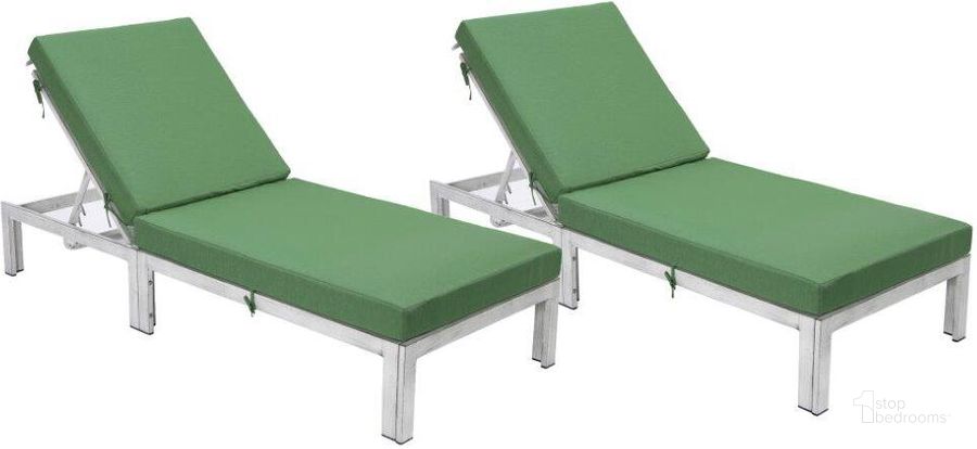 The appearance of LeisureMod Chelsea Modern Outdoor Weathered Grey Chaise Lounge Chair With Cushions In Green Set of 2 designed by LeisureMod in the modern / contemporary interior design. This green piece of furniture  was selected by 1StopBedrooms from Chelsea Collection to add a touch of cosiness and style into your home. Sku: CLWGR-77G2. Material: Aluminum. Product Type: Outdoor Chaise Lounge. Image1