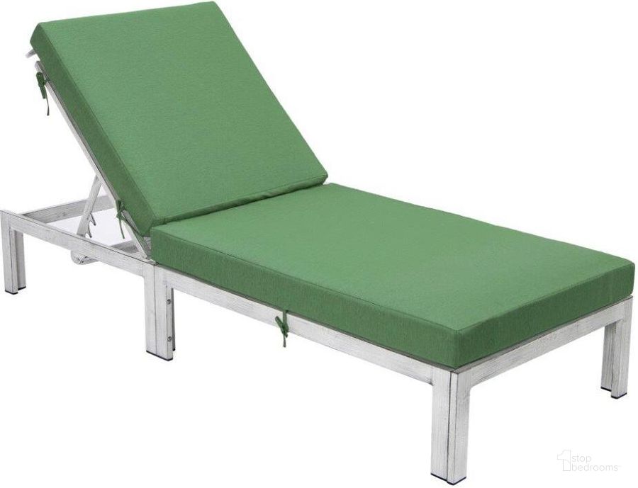 The appearance of LeisureMod Chelsea Modern Outdoor Weathered Grey Chaise Lounge Chair With Cushions In Green designed by LeisureMod in the modern / contemporary interior design. This green piece of furniture  was selected by 1StopBedrooms from Chelsea Collection to add a touch of cosiness and style into your home. Sku: CLWGR-77G. Material: Aluminum. Product Type: Outdoor Chaise Lounge. Image1