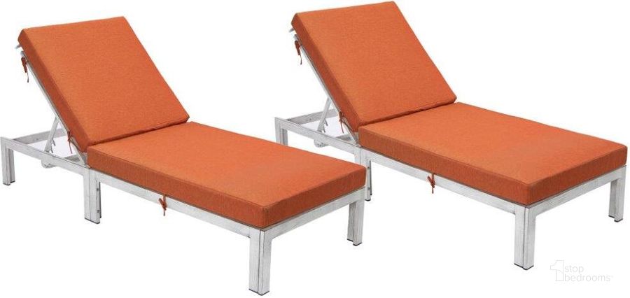 The appearance of LeisureMod Chelsea Modern Outdoor Weathered Grey Chaise Lounge Chair With Cushions In Orange Set of 2 designed by LeisureMod in the modern / contemporary interior design. This orange piece of furniture  was selected by 1StopBedrooms from Chelsea Collection to add a touch of cosiness and style into your home. Sku: CLWGR-77OR2. Material: Aluminum. Product Type: Outdoor Chaise Lounge. Image1