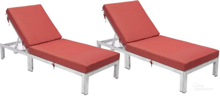 The appearance of LeisureMod Chelsea Modern Outdoor Weathered Grey Chaise Lounge Chair With Cushions In Red Set of 2 designed by LeisureMod in the modern / contemporary interior design. This red piece of furniture  was selected by 1StopBedrooms from Chelsea Collection to add a touch of cosiness and style into your home. Sku: CLWGR-77R2. Material: Aluminum. Product Type: Outdoor Chaise Lounge. Image1