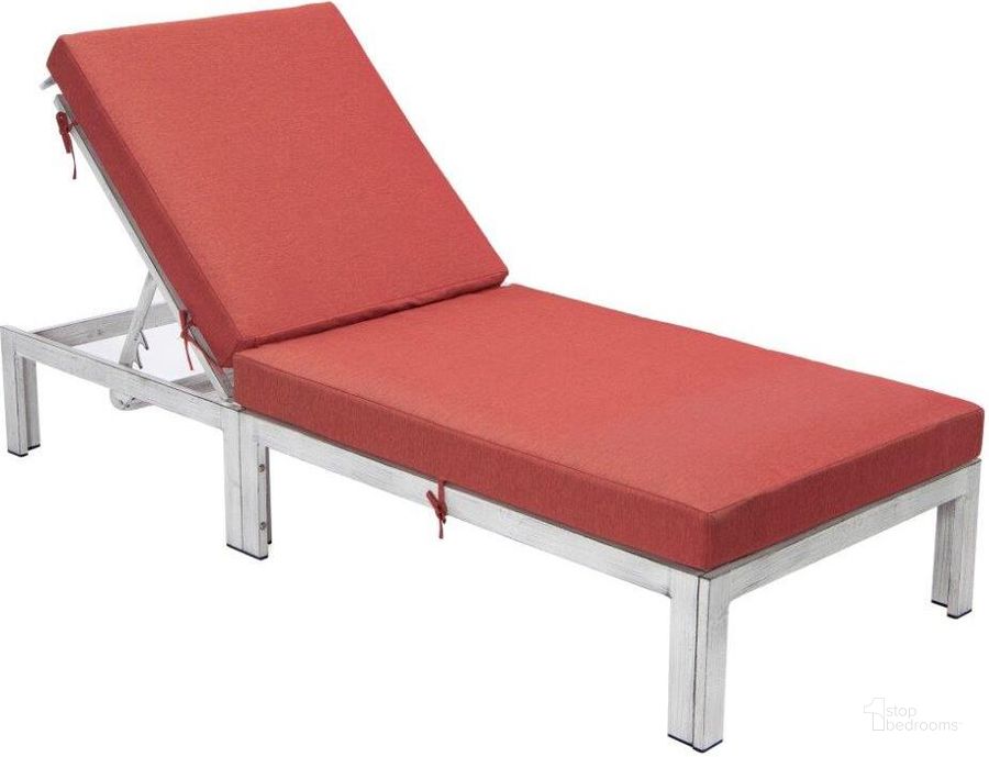 The appearance of LeisureMod Chelsea Modern Outdoor Weathered Grey Chaise Lounge Chair With Cushions In Red designed by LeisureMod in the modern / contemporary interior design. This red piece of furniture  was selected by 1StopBedrooms from Chelsea Collection to add a touch of cosiness and style into your home. Sku: CLWGR-77R. Material: Aluminum. Product Type: Outdoor Chaise Lounge. Image1