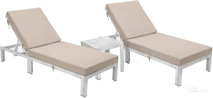 The appearance of LeisureMod Chelsea Modern Outdoor Weathered Grey Chaise Lounge Chair With Side Table and Cushions In Beige Set of 2 designed by LeisureMod in the modern / contemporary interior design. This beige piece of furniture  was selected by 1StopBedrooms from Chelsea Collection to add a touch of cosiness and style into your home. Sku: CLTWGR-77BG2. Material: Aluminum. Product Type: Outdoor Chaise Lounge. Image1