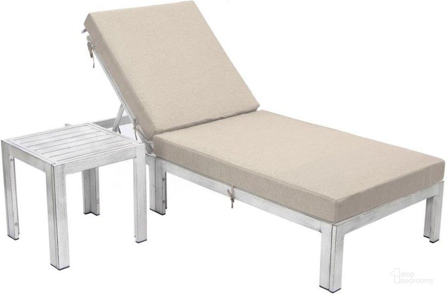 The appearance of LeisureMod Chelsea Modern Outdoor Weathered Grey Chaise Lounge Chair With Side Table and Cushions In Beige designed by LeisureMod in the modern / contemporary interior design. This beige piece of furniture  was selected by 1StopBedrooms from Chelsea Collection to add a touch of cosiness and style into your home. Sku: CLTWGR-77BG. Material: Aluminum. Product Type: Outdoor Chaise Lounge. Image1