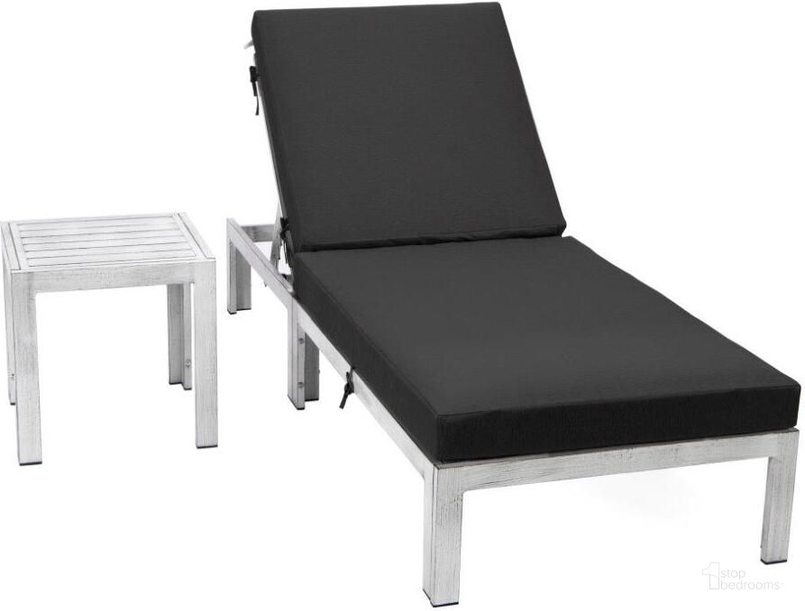 The appearance of LeisureMod Chelsea Modern Outdoor Weathered Grey Chaise Lounge Chair With Side Table and Cushions In Black designed by LeisureMod in the modern / contemporary interior design. This black piece of furniture  was selected by 1StopBedrooms from Chelsea Collection to add a touch of cosiness and style into your home. Sku: CLTWGR-77BL. Material: Aluminum. Product Type: Outdoor Chaise Lounge. Image1