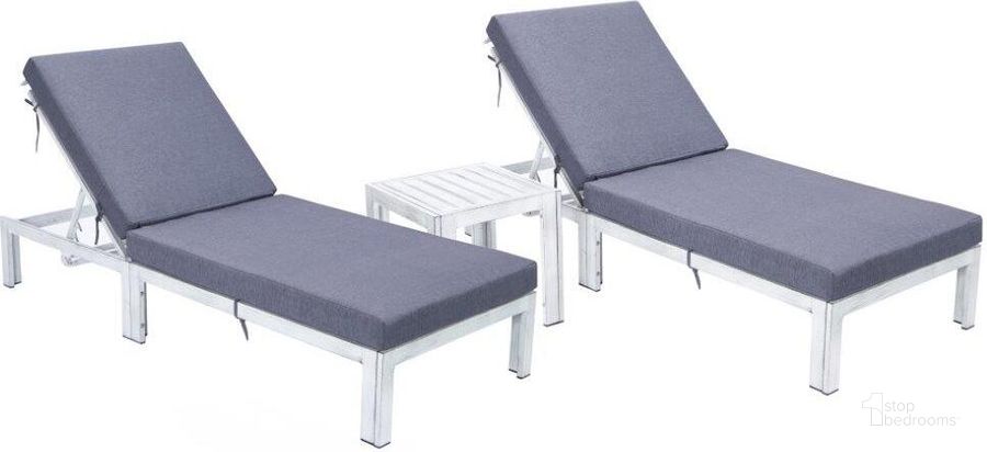 The appearance of LeisureMod Chelsea Modern Outdoor Weathered Grey Chaise Lounge Chair With Side Table and Cushions In Blue Set of 2 designed by LeisureMod in the modern / contemporary interior design. This blue piece of furniture  was selected by 1StopBedrooms from Chelsea Collection to add a touch of cosiness and style into your home. Sku: CLTWGR-77BU2. Material: Aluminum. Product Type: Outdoor Chaise Lounge. Image1