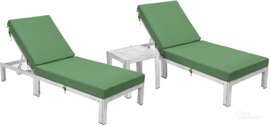 The appearance of LeisureMod Chelsea Modern Outdoor Weathered Grey Chaise Lounge Chair With Side Table and Cushions In Green Set of 2 designed by LeisureMod in the modern / contemporary interior design. This green piece of furniture  was selected by 1StopBedrooms from Chelsea Collection to add a touch of cosiness and style into your home. Sku: CLTWGR-77G2. Material: Aluminum. Product Type: Outdoor Chaise Lounge. Image1