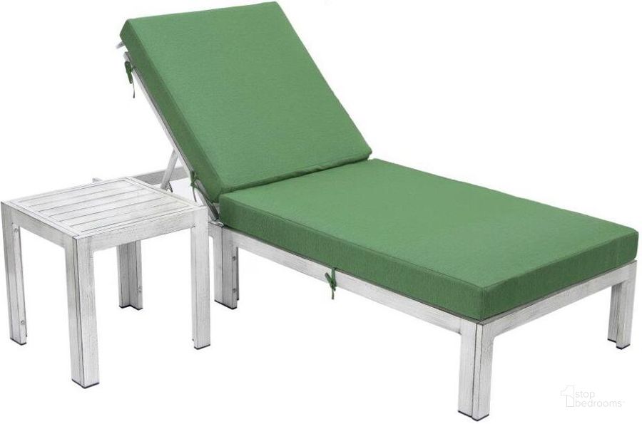 The appearance of LeisureMod Chelsea Modern Outdoor Weathered Grey Chaise Lounge Chair With Side Table and Cushions In Green designed by LeisureMod in the modern / contemporary interior design. This green piece of furniture  was selected by 1StopBedrooms from Chelsea Collection to add a touch of cosiness and style into your home. Sku: CLTWGR-77G. Material: Aluminum. Product Type: Outdoor Chaise Lounge. Image1