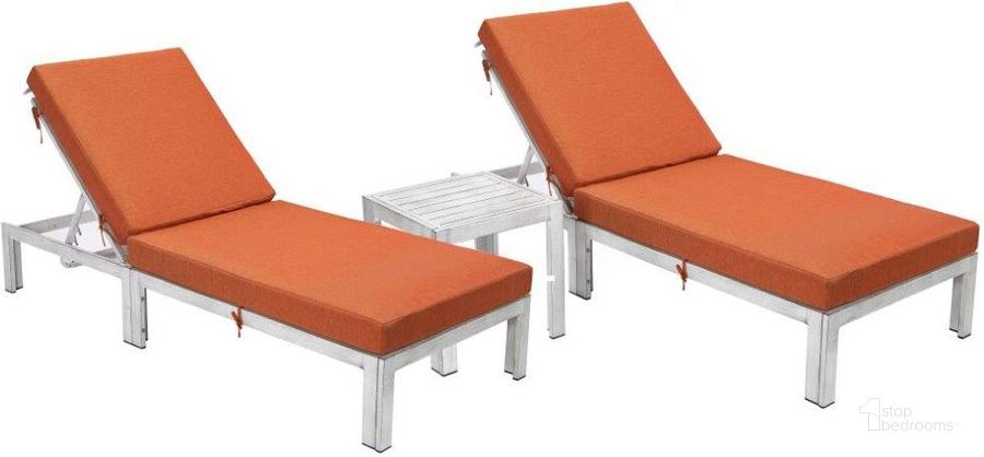 The appearance of LeisureMod Chelsea Modern Outdoor Weathered Grey Chaise Lounge Chair With Side Table and Cushions In Orange Set of 2 designed by LeisureMod in the modern / contemporary interior design. This orange piece of furniture  was selected by 1StopBedrooms from Chelsea Collection to add a touch of cosiness and style into your home. Sku: CLTWGR-77OR2. Material: Aluminum. Product Type: Outdoor Chaise Lounge. Image1